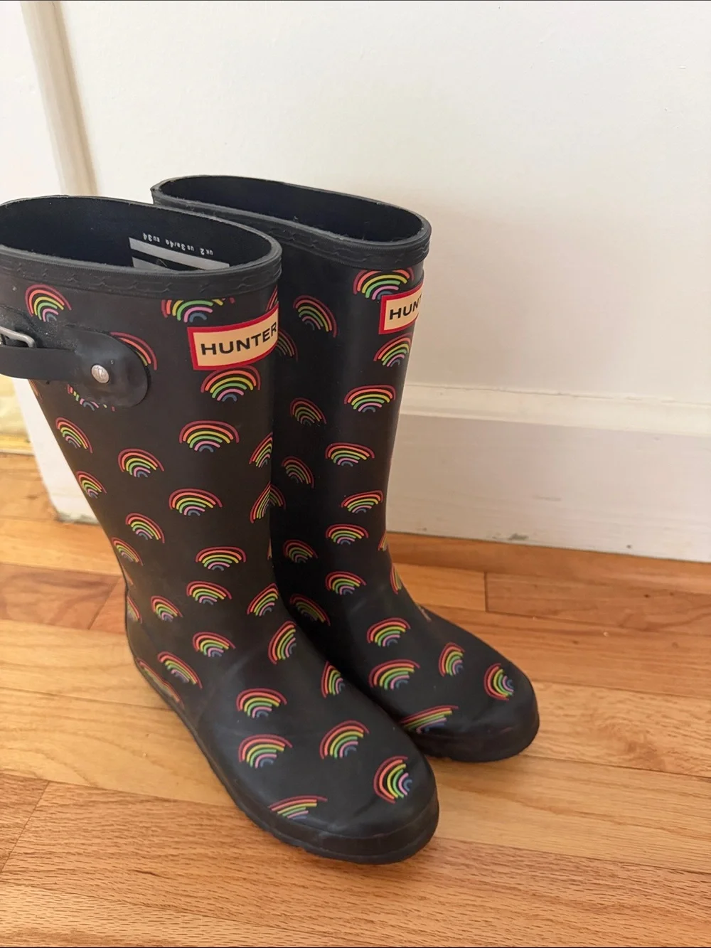 Hunter Black Rain Boots with Multicolored Rainbow Print